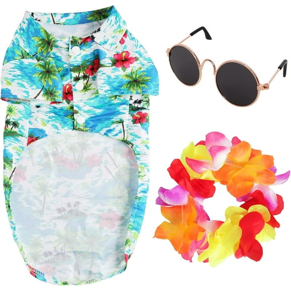 Monebena 3 Pcs Dog Hawaiian Costume Includes Dog Shirt Cute Sunglasses Colorful Wreath Dog Outfit Dog Cat Costume for Small Medium Pet Party Costume