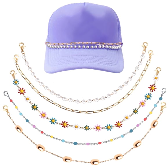 5pcs Trucker Hat Chains Golden Detachable Daisy Flower Pearl Decoration Chain Metal Brass Hat Charm for Women Men DIY Mesh Baseball Caps Accessories Beach Party