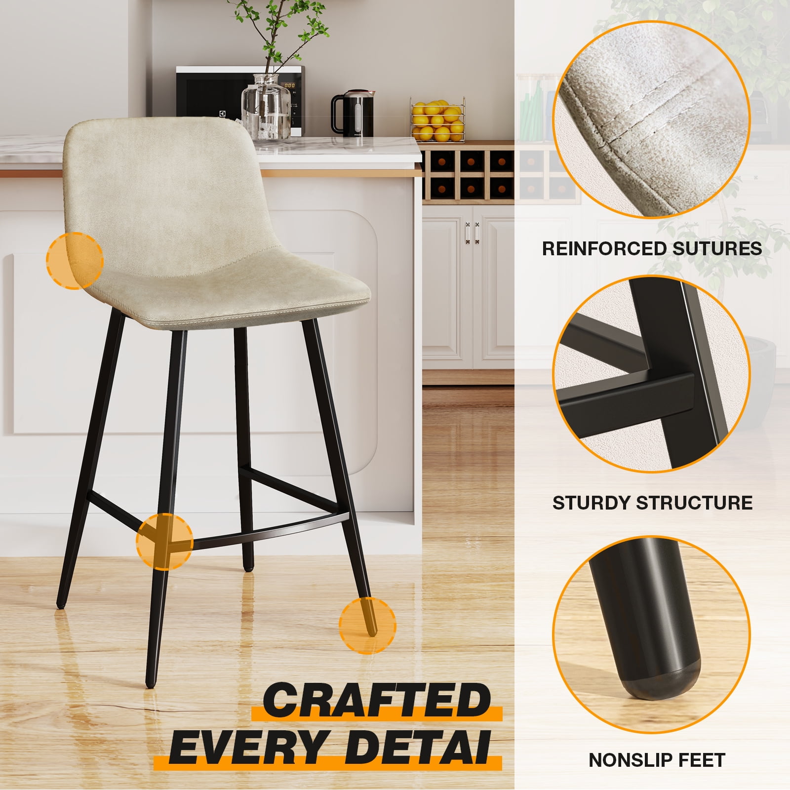 TAVR 600 lbs Counter Height Bar Stools Set of 3, 24 inch Leather Barstools with Back and Metal Legs for Kitchen Island, Beige