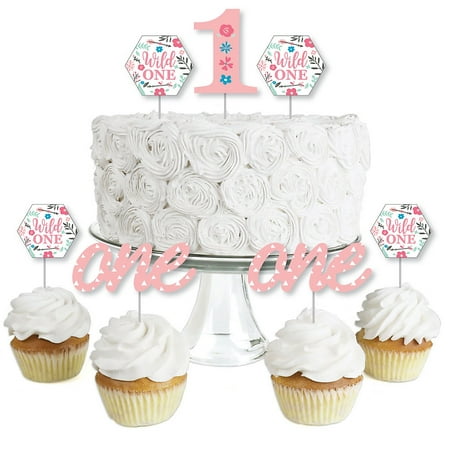 She's a Wild One - Dessert Cupcake Toppers - Boho Floral 1st Birthday Party Clear Treat Picks - Set of 24 