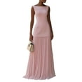 thumbnail image 3 of Pleated Bridesmaid Dresses for Women Boat Neck Formal Dresss Long A Line Wedding Guest Party Dress Pink L, 3 of 5