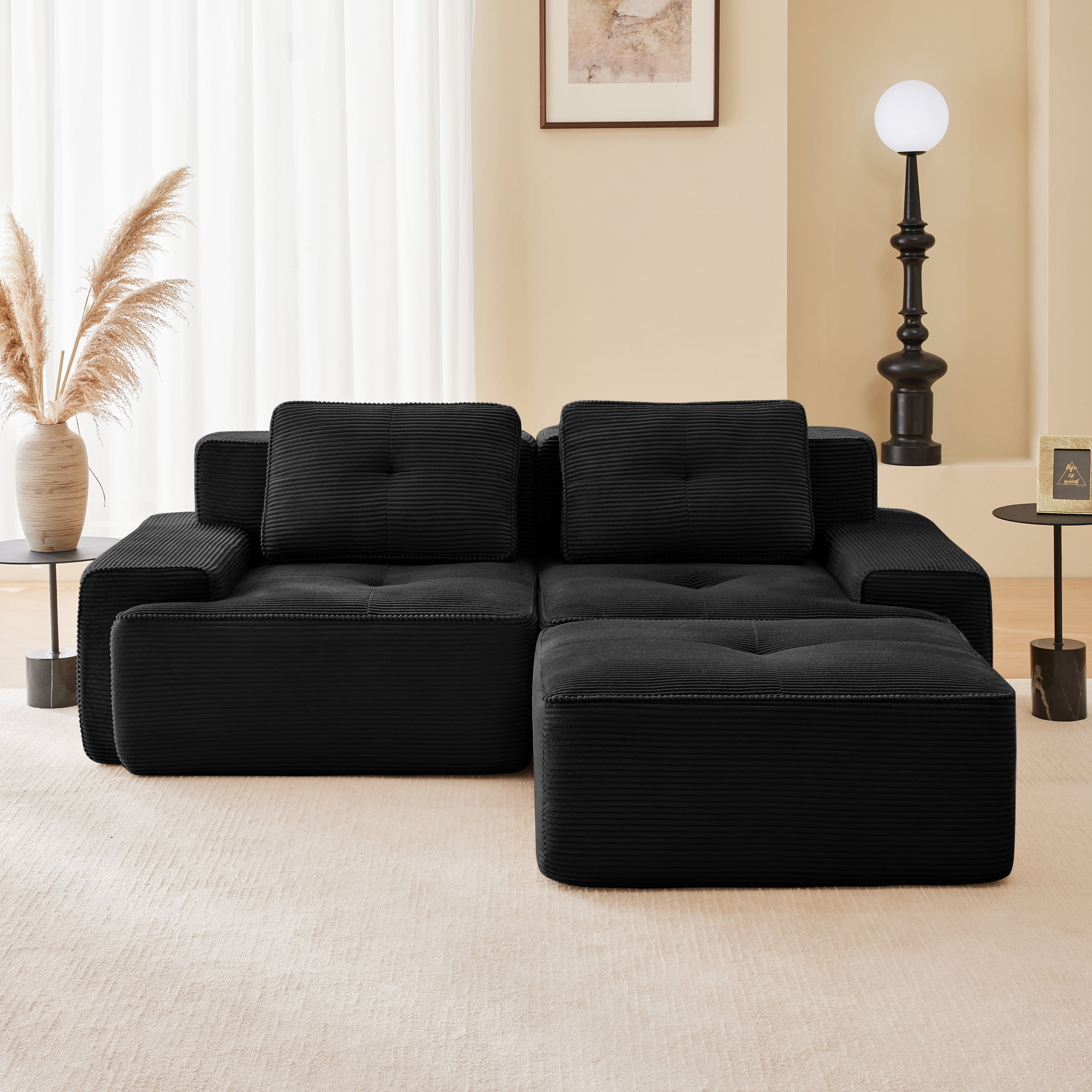 Yoneston 82" L-Shaped Modular Sectional Sofa 2 Seater Couch with Cushions and Ottoman, No Assembly Corduroy Loveseat Sofa for Living Room Bedroom Apartment, Black