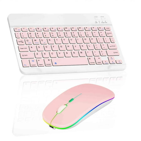Rechargeable Bluetooth Keyboard and Mouse Combo Ultra Slim for TCL 20Y and All Bluetooth Enabled Android/PC-Baby Pink Keyboard with Baby Pink RGB LED mouse