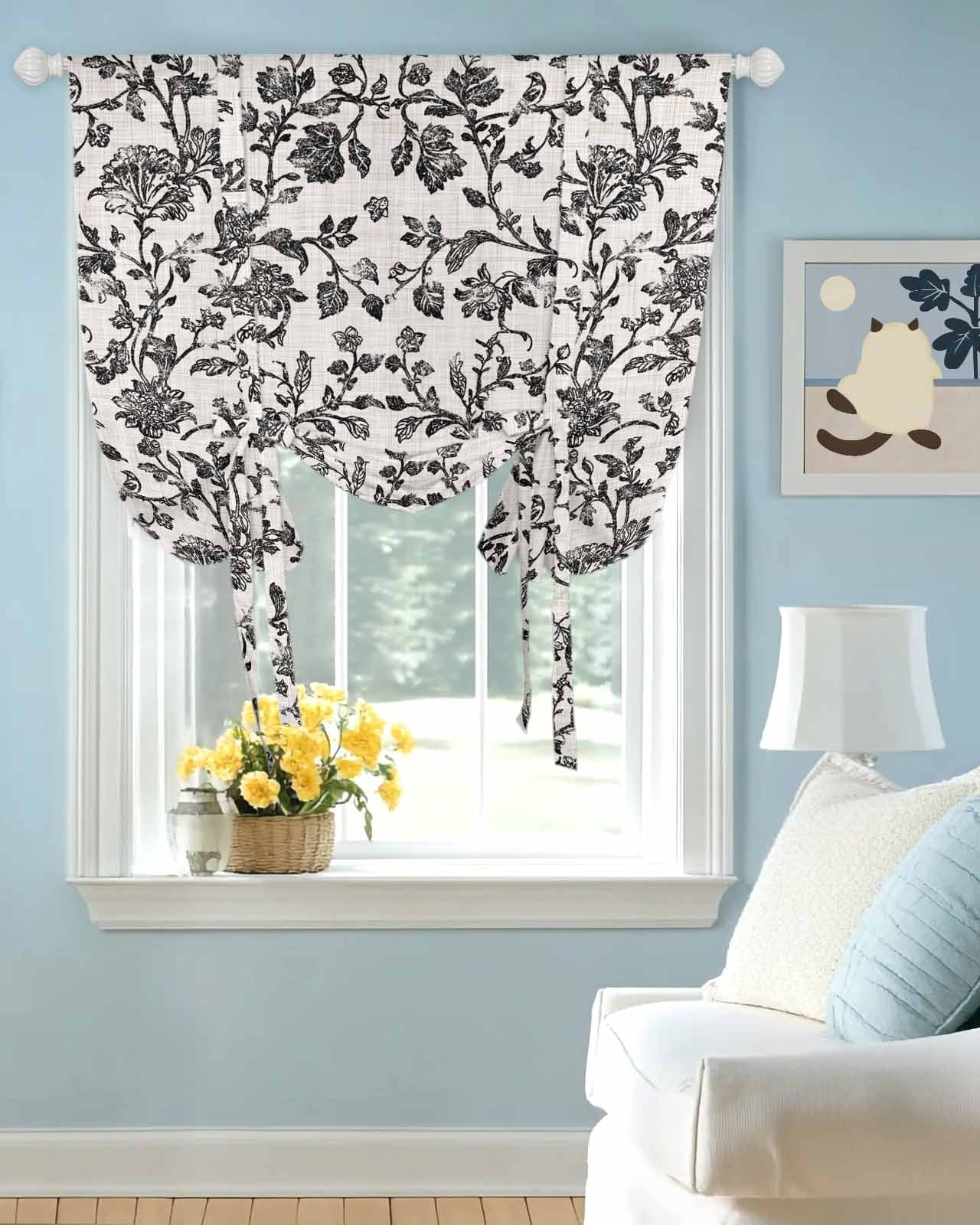 Farmhouse Black Tie Up Curtains for Window, Thermal Insulted Balloon Shade Adjustable Rod Pocket Curtains Valance Panels for Kitchen Bathroom Cafe 42 x 45 Vintage Flower Leaf Botanical Plant