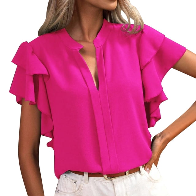 Hiiyo Chemisier à Manches à Volants à Col en V pour Femme, Blouse Polyvalente Décontractée d'Été, Tailles G