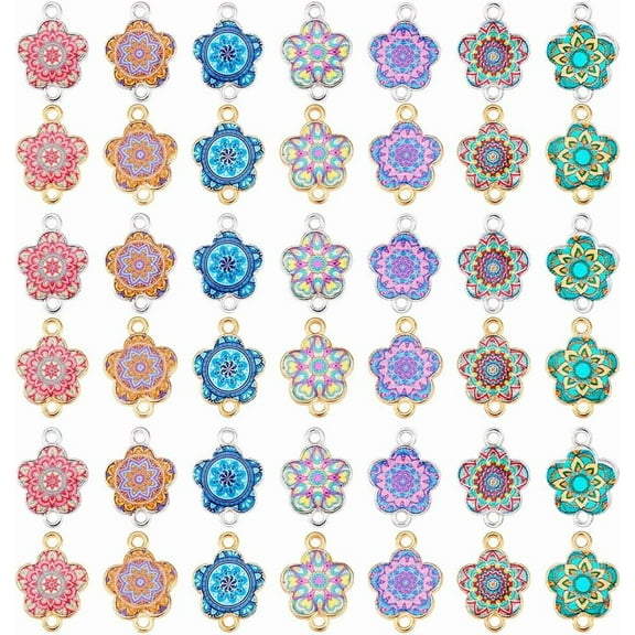 56pcs 14 Colors Flower Charms Connector Charms Double Hole Links Vintage Style Enamel Flower Charms with Loop Jewellery Links for Bracelet Necklace Making DIY Crafts 0.5x0.8 inch
