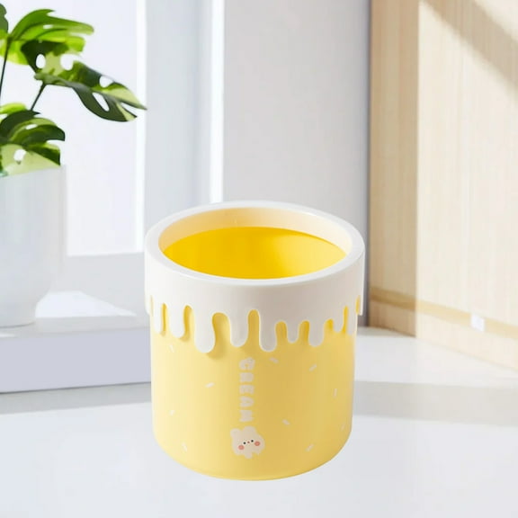 AuroraX Stylish Desk Small Trash Can with Removable Liner Ring Cute Yellow 1.9L Ice Cream Pattern Wastebasket Plastic Art Deco Round Trash Bin for Dormitory Livingroom Office