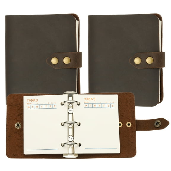 A9 Leather Journal, 2Pcs 3 Ring Notebook Binder Planner Loose Leaf 60 Sheets Paper Refillable for Business Office Study Writing with Snap Button, Dark Brown