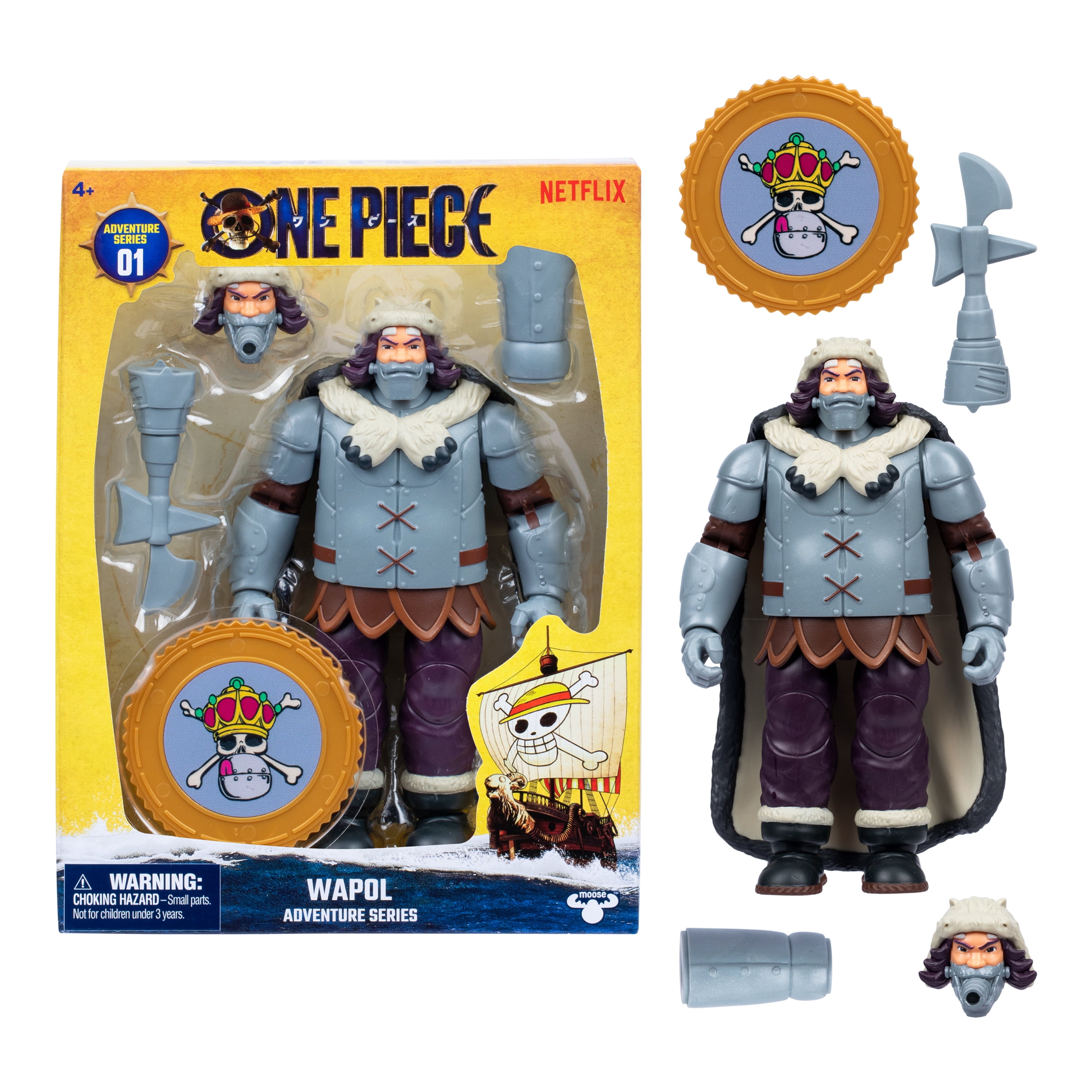 One Piece Wapol, 6.5″ Action Figure with 4 Accessories. Includes Swappable Cannon Head, Detachable Arm Cannon, Cape, and Berry Coin Display Base, Ages 4+