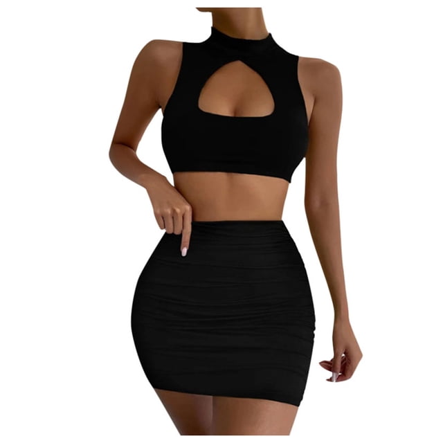 Conjunto de top corto con aberturas y falda para mujer: vestido ajustado sexy, poliéster y spandex, conjunto para salir de fiesta por la noche