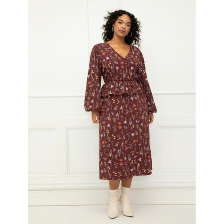 ELOQUII Elements Women's Plus Size Mixed Print Midi Dress With Peplum