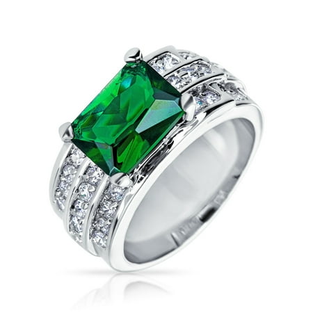 Silver Plated Fashion Ring 10Ct Green Rectangular Cubic Zirconia CZ Simulated Emerald Cut Fashion Statement Ring Wide Pave Band Silver Plate Brass ()