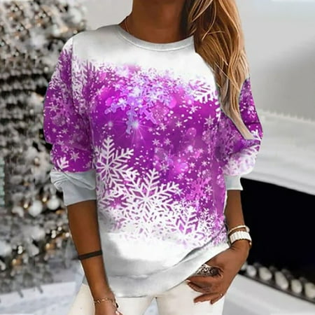 

jsaierl Christmas Sweatshirts for Women Round Neck Long Sleeve Shirts Snowflake Print Tops Workout Casual Fall Blouse Tee Pullover Christmas Gifts for Teen Girls