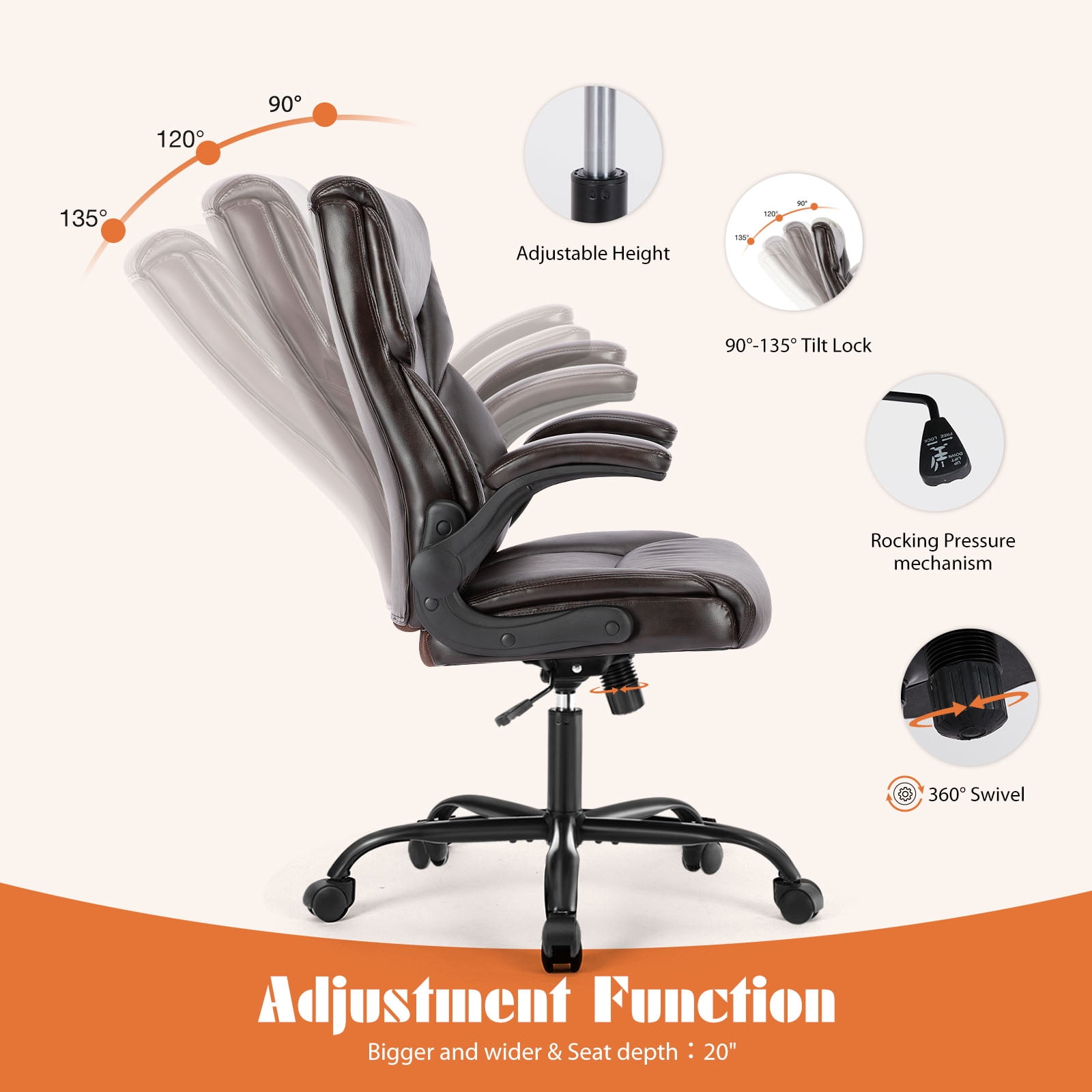 Yoyomax Office Chair, Ergonomic Executive Computer Desk Chairs with Adjustable Flip-up Armrest, Swivel Task Chair with Lumbar Support, Strong Metal Base, PU Leather