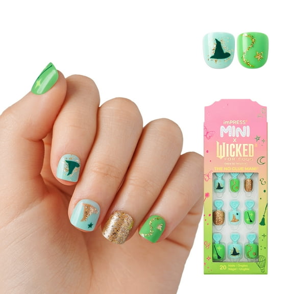 imPRESS MINI X WICKED: FOR GOOD Press On Nails, ‘Perfect Duet’, Green & Blue, Squoval, 20 Fake Nails