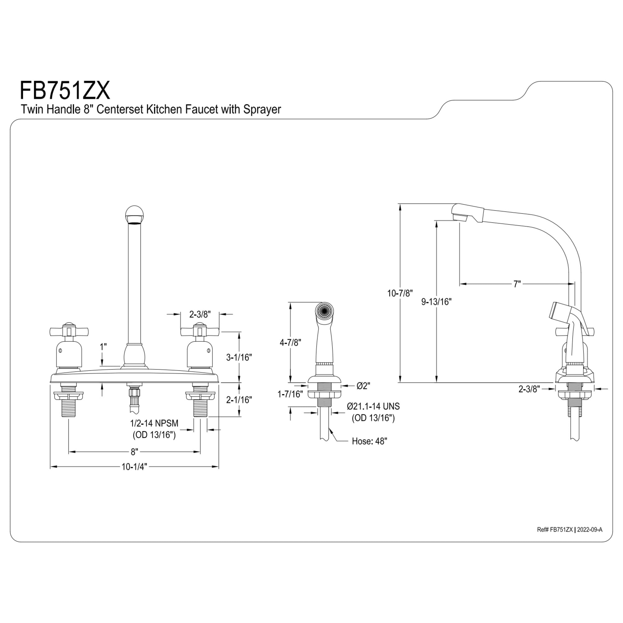 Kingston FB751ZX Millennium Two-Handle 4-Hole 8" Centerset Kitchen Faucet with Side Sprayer in Polished Chrome