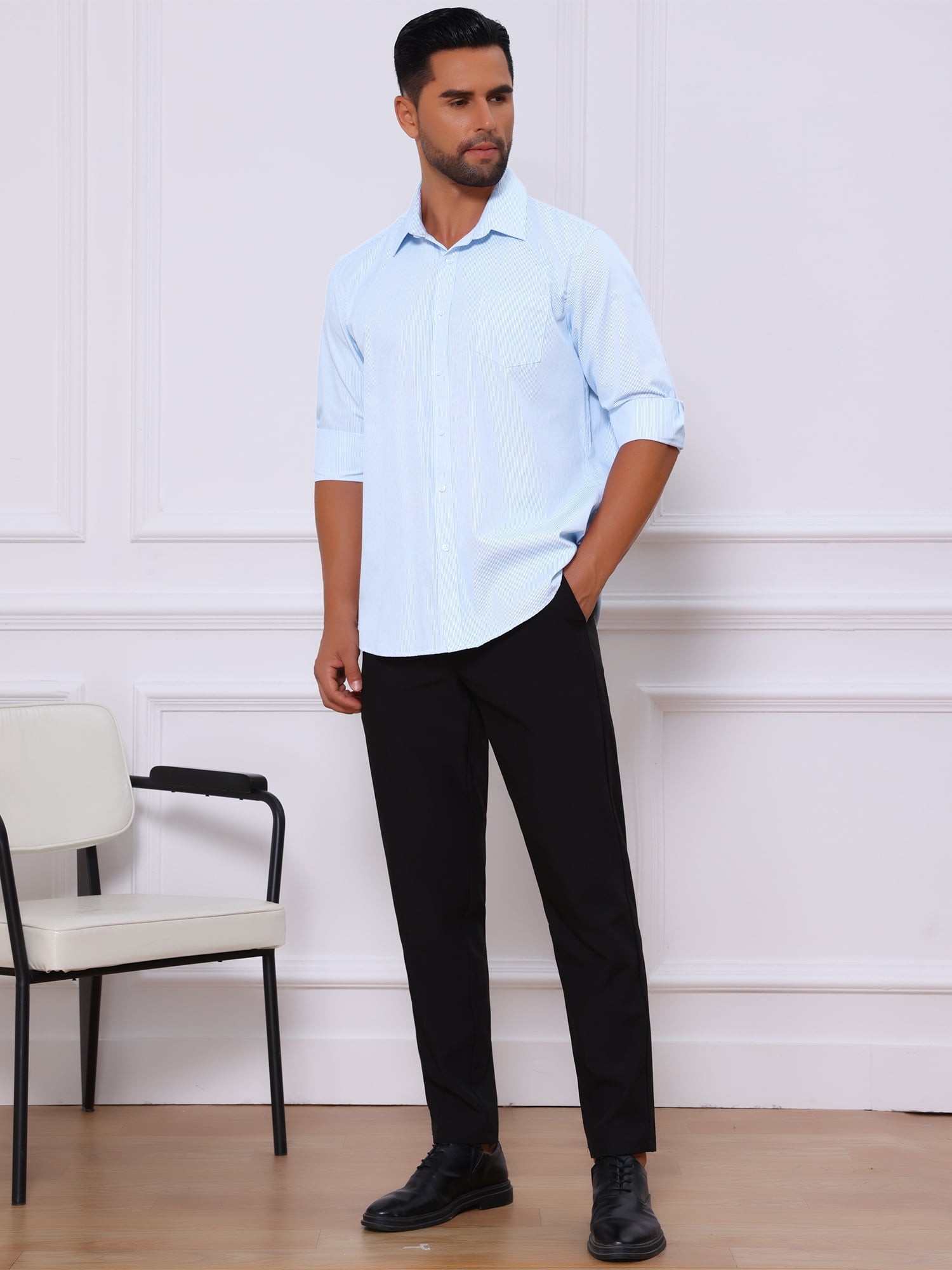 DARING DIVA Men's Long Sleeve Business Button Down Striped Dress Shirts M White Blue