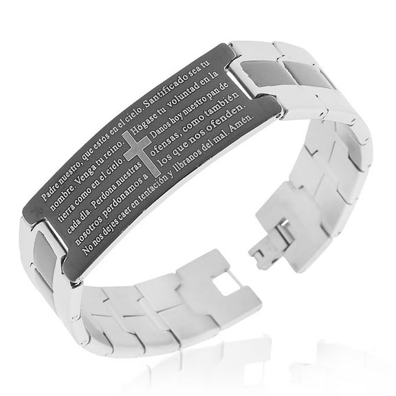 Stainless Steel Black Silver-Tone Padre Nuestro Prayer Spanish Mens Bracelet, 8"