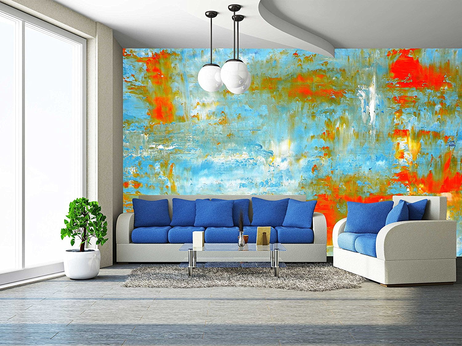 wall26 Teal and Orange Abstract Art Painting Removable Wall Mural