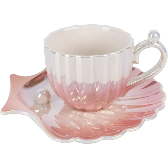 CATPAN Ceramic Coffee Mug with Saucer, Creative Pearl Shell Cup, Cute Coffee Mugs for Office and Home, 6.5 oz/200 ml for Tea Latte Milk (Gradient Pink)