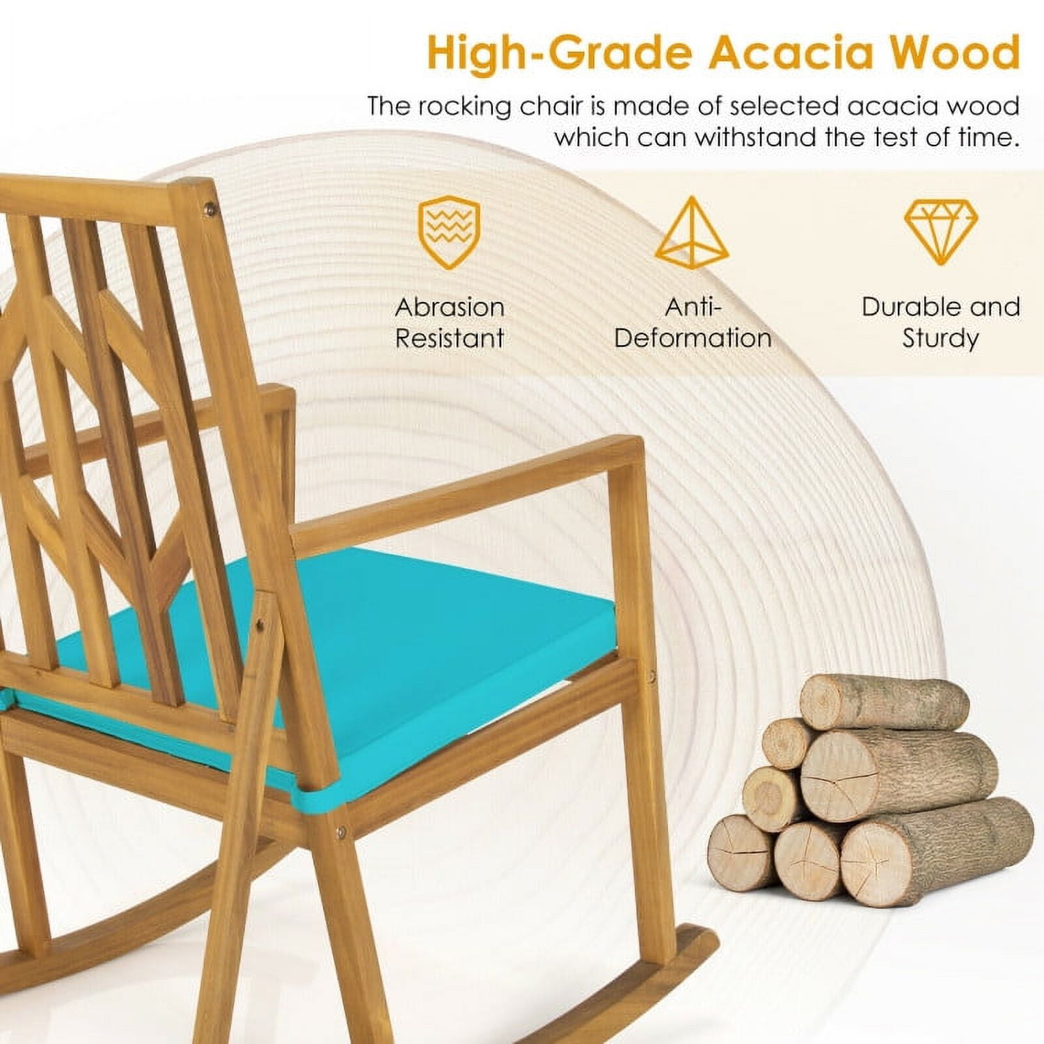 Aimee Lii Outdoor Rocking Chair with Cushion, Wooden Patio Rocker Chair for Lawn, Porch, Backyard, Indoor and Garden, Blue