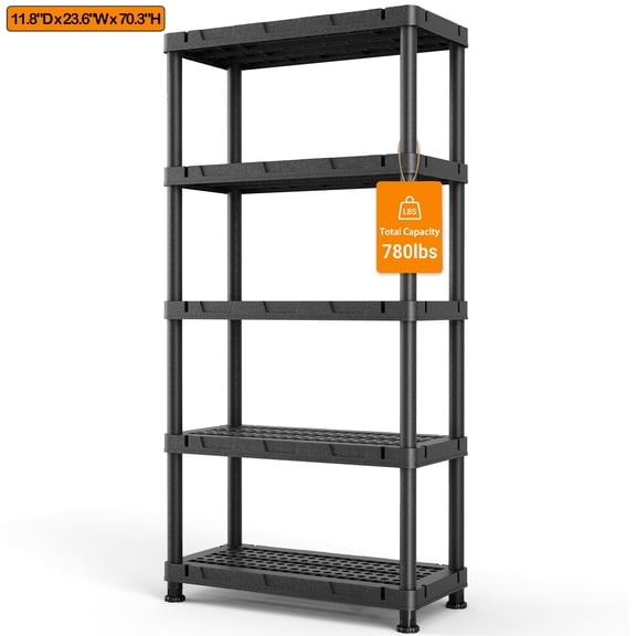 HOKEEPER 5-Tier Storage Shelves, 660LBS Heavy Duty Plastic Shelving Unit for Garage Kitchen Closet 16.93"D x 35.43"W x 72.05"H, Black