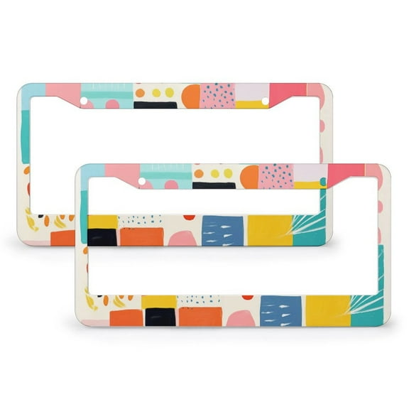 Colorful Bright Square Print License Plate Frame 2 Pieces Geometric Abstract Car Accessories for Women Men Auto Decoration Hardware 2 Round Holes Stainless Aluminum License Plate Cover