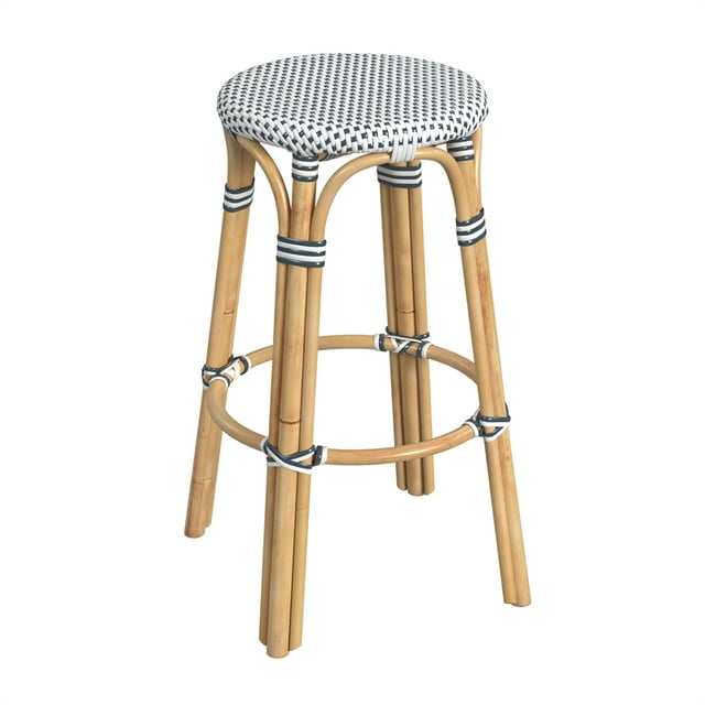 Butler Specialty Company Tobias Round Rattan 30" Bar Stool - White and Navy Dot