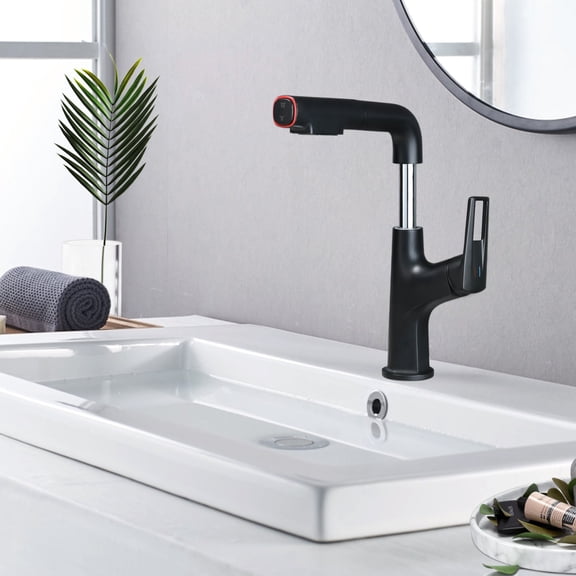 Matte Black Pull-Down Vessel Faucet, Bathroom Sink Faucet with Matte Black Single Handle Pull Out Faucet with Pop-Up Drain, Single Hole Bathroom Sink Faucet with Lift Spout & Dual Spray Modes​