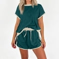 thumbnail image 4 of BOMYJESK Women 2 Piece Skirt Color Block Short Sleeve Shirts Casual High Waisted Wide Leg Skort Loose Beach Vacation Matching Lounge Sets Spring Dark Green 2XL, 4 of 4