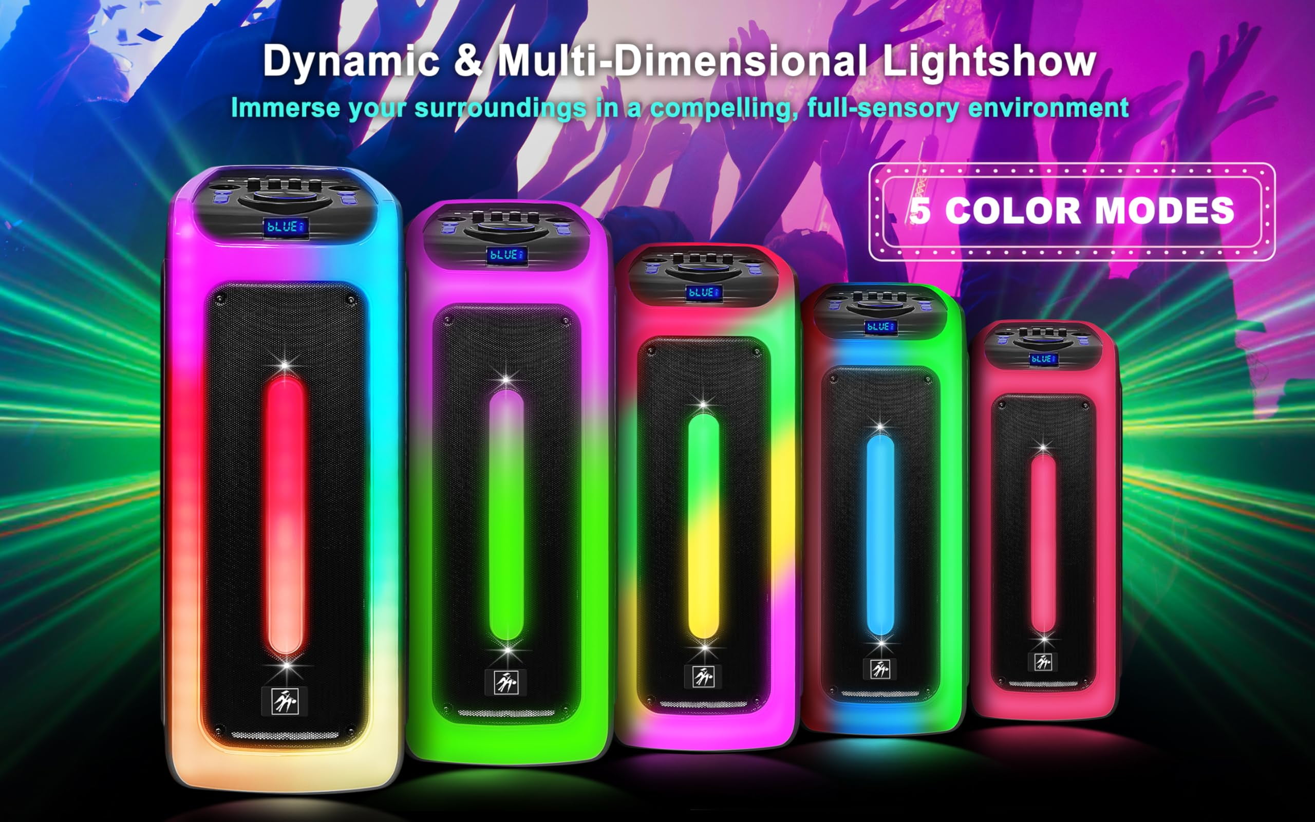 Fisher Portable Bluetooth Wireless Speaker System: Dual 10" Subwoofer 80W Peak Power Loud HD Deep Bass Sound|LED Lights|Rechargeable|Karaoke|Remote|TWS Pairing|USB Port|TF|AUX|FM Radio|2 MIC Input