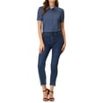 thumbnail image 2 of INSPIRE CHIC Chemise en Denim à Manches Courtes Bouffantes avec Col Pointu pour Femmes TP Bleu Foncé, 2 of 6
