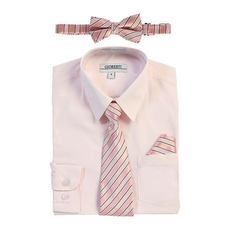 Gioberti Little Boys Pink Shirt Necktie Bow Tie Pocket Square 4 Pc Set