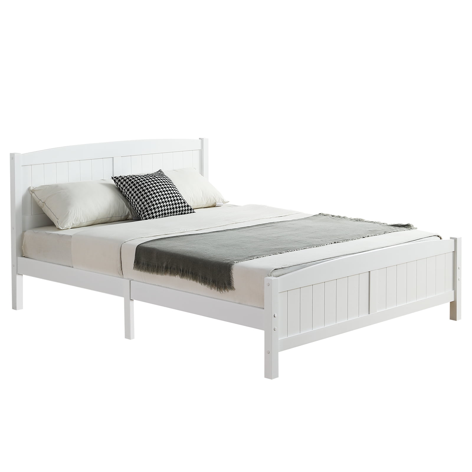 Zimtown Full Platform Bed, Solid Pine Wood Kids Bed Frame with Headboard and Footboard , Easy Assembly, White