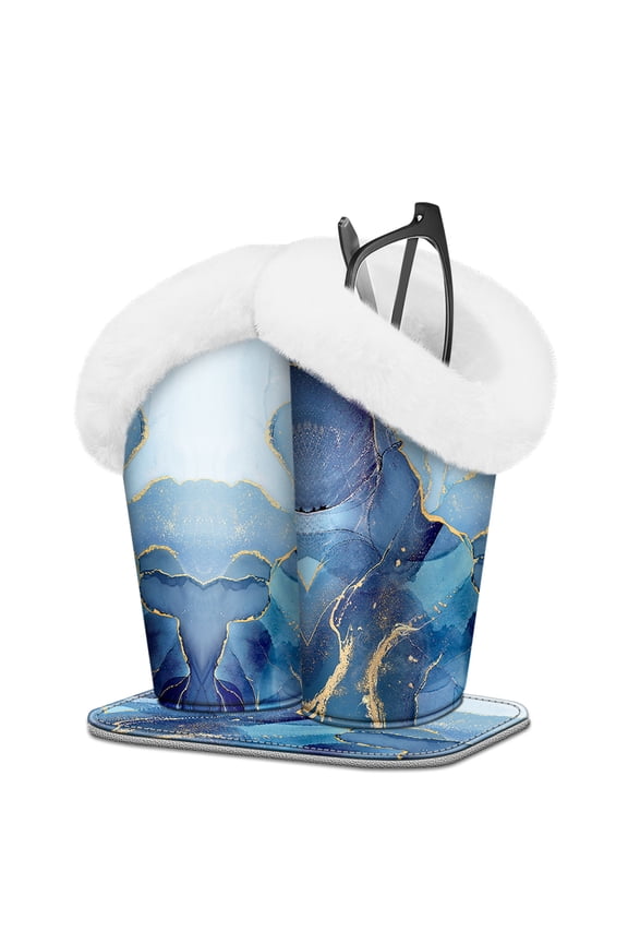 Plush Lined Double Eyeglasses Holder with Magnetic Base, Anti-scratch PU Leather Glasses Stand Case, Ocean Marble