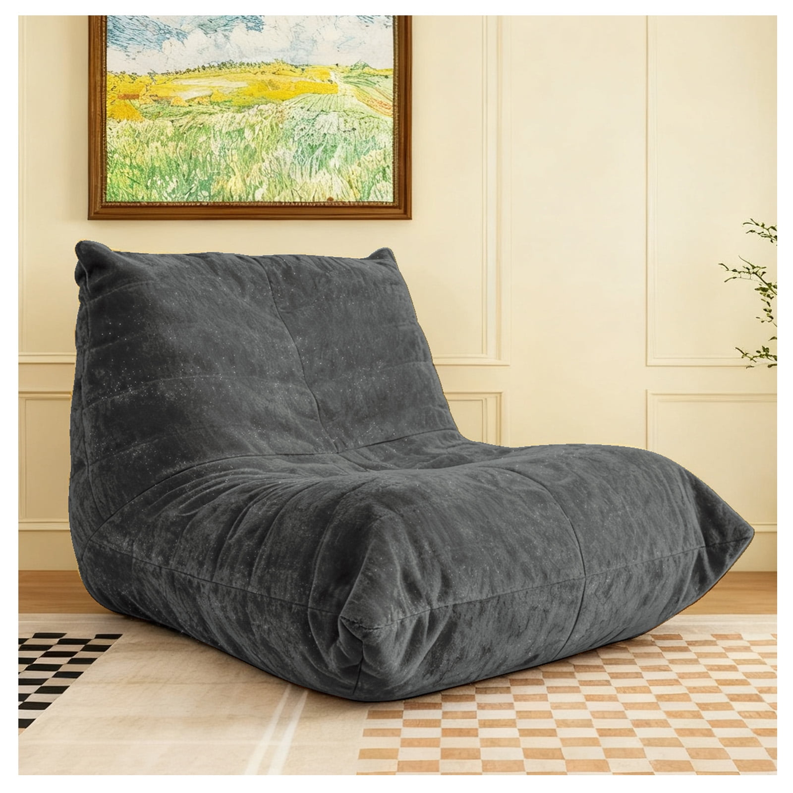 Ergonomic Bean Bag Chair with 5-Way Body Support, Oversized Floor Lounger with Shiny Chenille Fabric, Cozy Sofa for Living Room, Reading Nook, Warm Grey