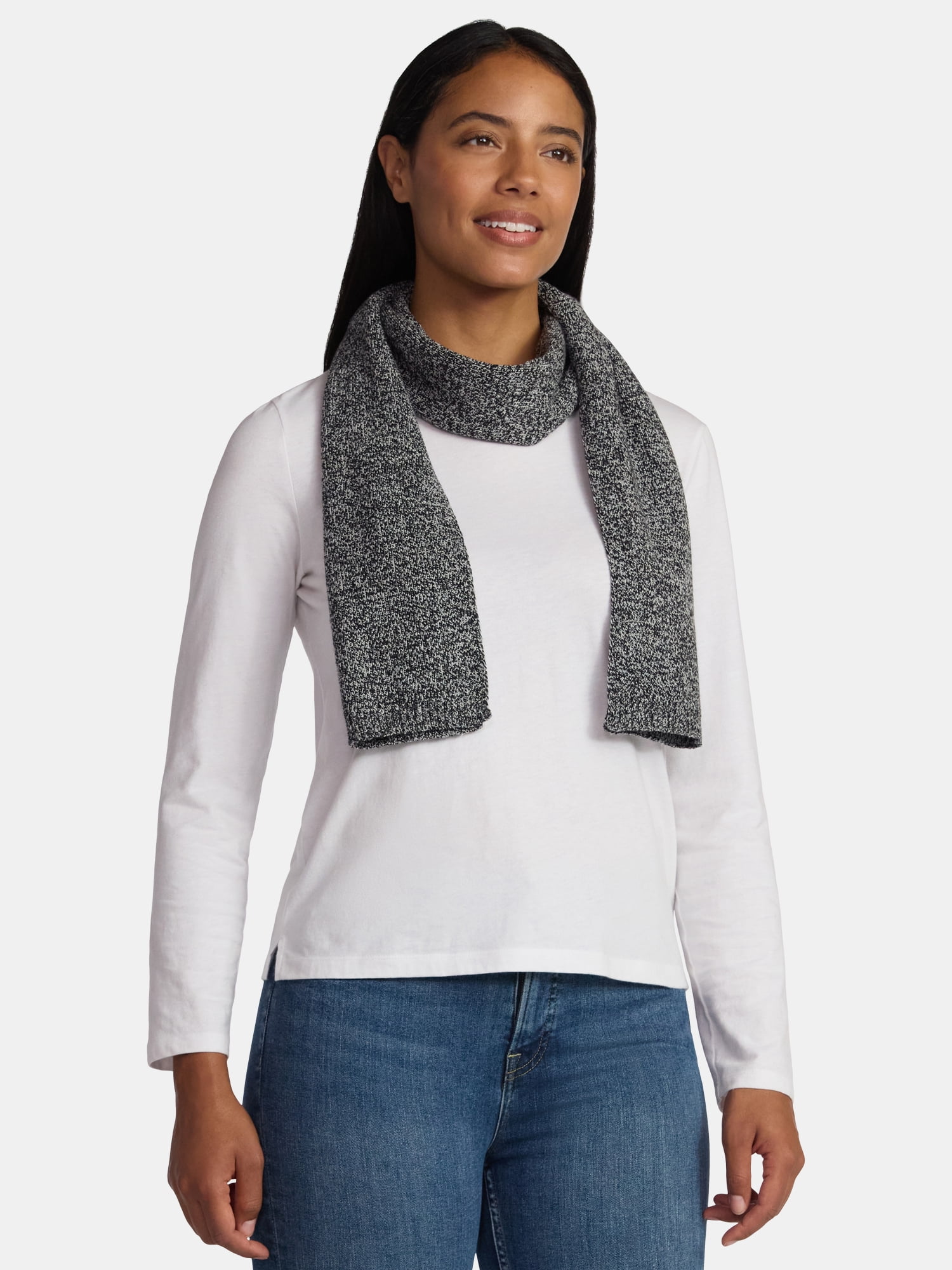 Time and Tru Women's Knit Scarf with Ribbed Trim, Black Soot/Winter White