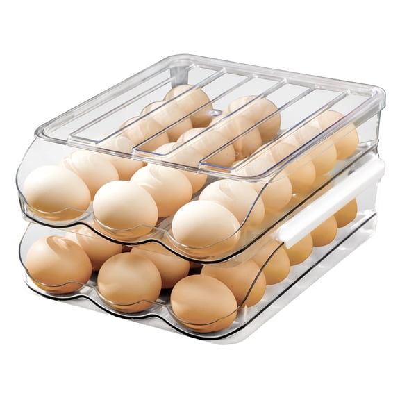 Amikdis Auto Rolling Egg Holder For Refrigerator Large Capacity Egg Container Organizer Tray Bins Stackable Fresh Storage Box For Fridge Plastic Clear(2 Layers)