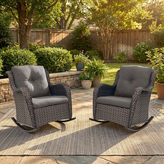 Gymojoy Patio Wicker Rocking Chair Set of 2, Outdoor Rocker Seating with Cushions for Porch Deck Balcony, Brown/Grey