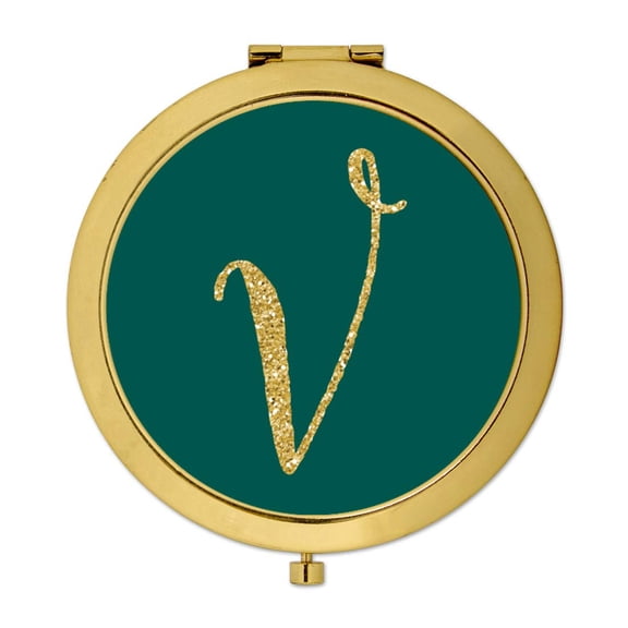 Koyal Wholesale Gold Compact Mirror Bridesmaid's Wedding Gift, Peacock Blue Jewel Tone , Monogram Letter V, 1-Pack