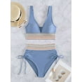 thumbnail image 3 of Women Tummy Control Swimsuits Color Block Two Piece Drawstring Bathing Suit Gray Blue M, 3 of 7