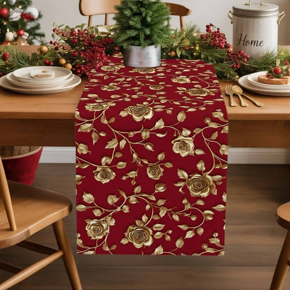 Burlap Table Runner 36 Inches Long,Christmas Golden Rose Swirling Flower Non-Slip Kitchen Table Runners for Dining Room Everyday Use Party Table Decorations Valentine's Day Floral