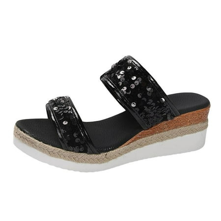 

Large Size Sequined Wedge Heel Sandals Summer Women s Slippers One Word Temperament Fish Mouth Slippers
