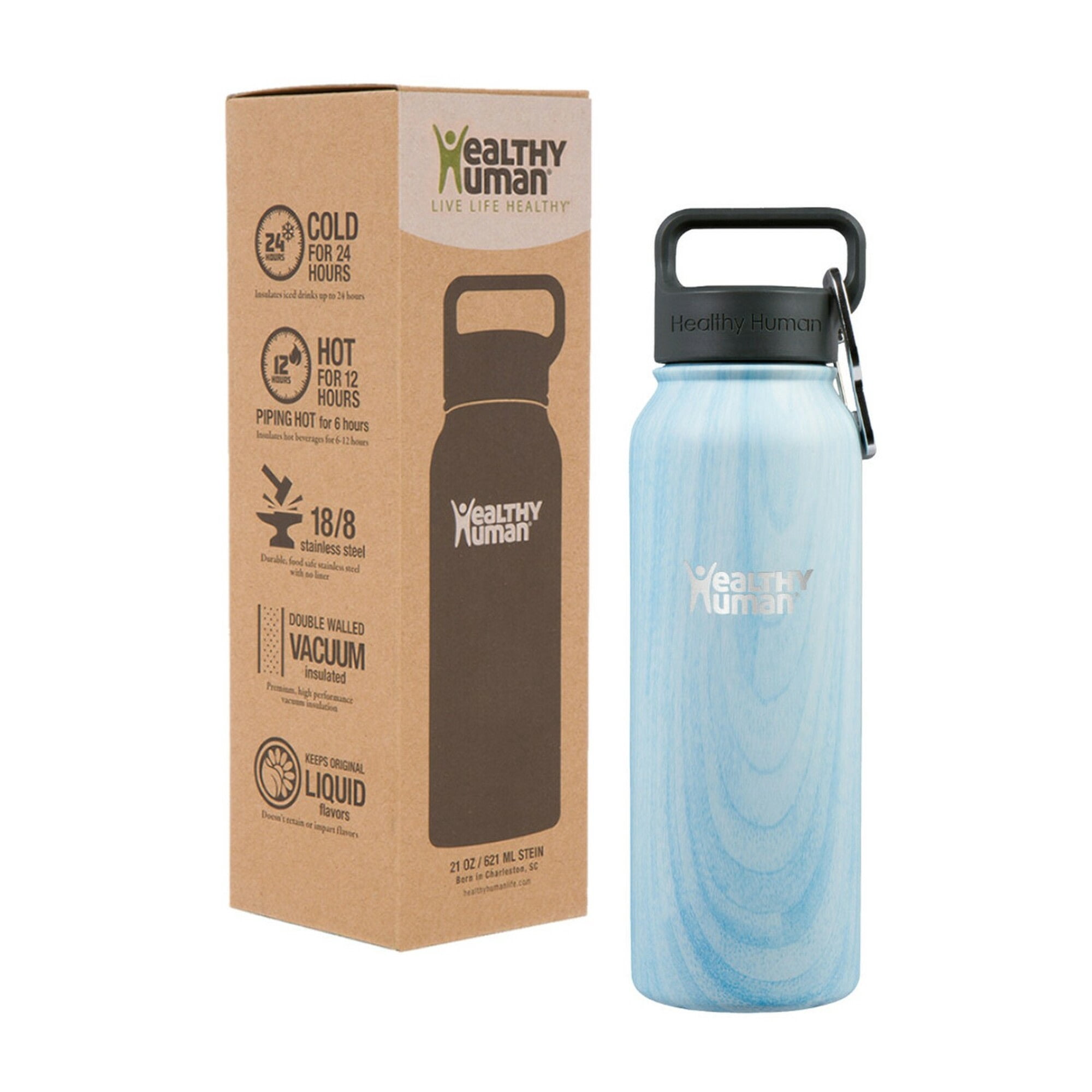 Healthy Human Stainless Steel Water Bottle | Double Walled Vacuum Insulated Water Thermos for Adults | Eco-Friendly Travel Bottles with Leak Proof Lid (Blue Wood, 21 oz/ 621 ML)