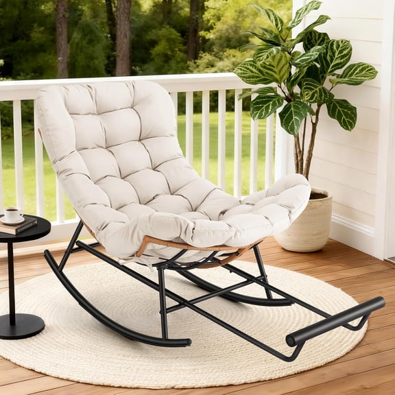 Rattan Rocking Chair with Detachable Cushion and Extendable Footrest,Papasan Chair,Polyester Beige