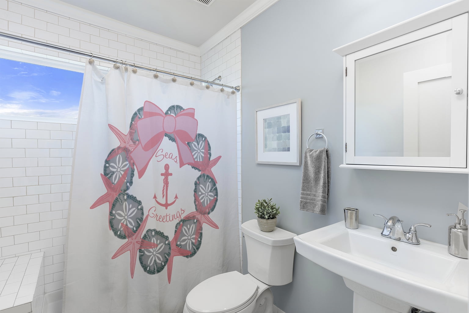 Simply Daisy 70" W x 73" L Seas and Greetings Wreath Polyester Shower Curtain, Pink Icing [1 Ct]