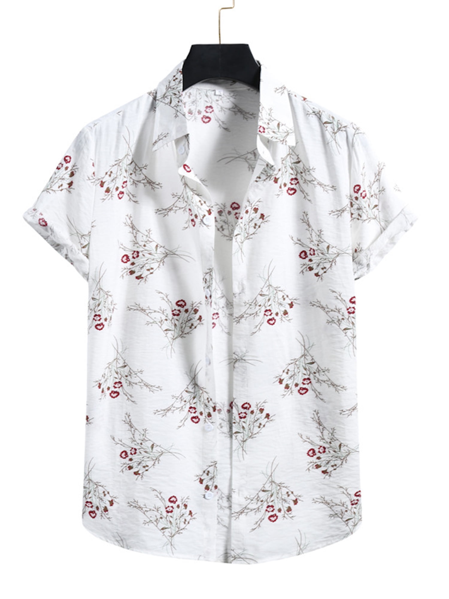 EELa Mens Short Sleeve Printed Floral Flower Casual Button Down Shirt Summer Hawaiian M