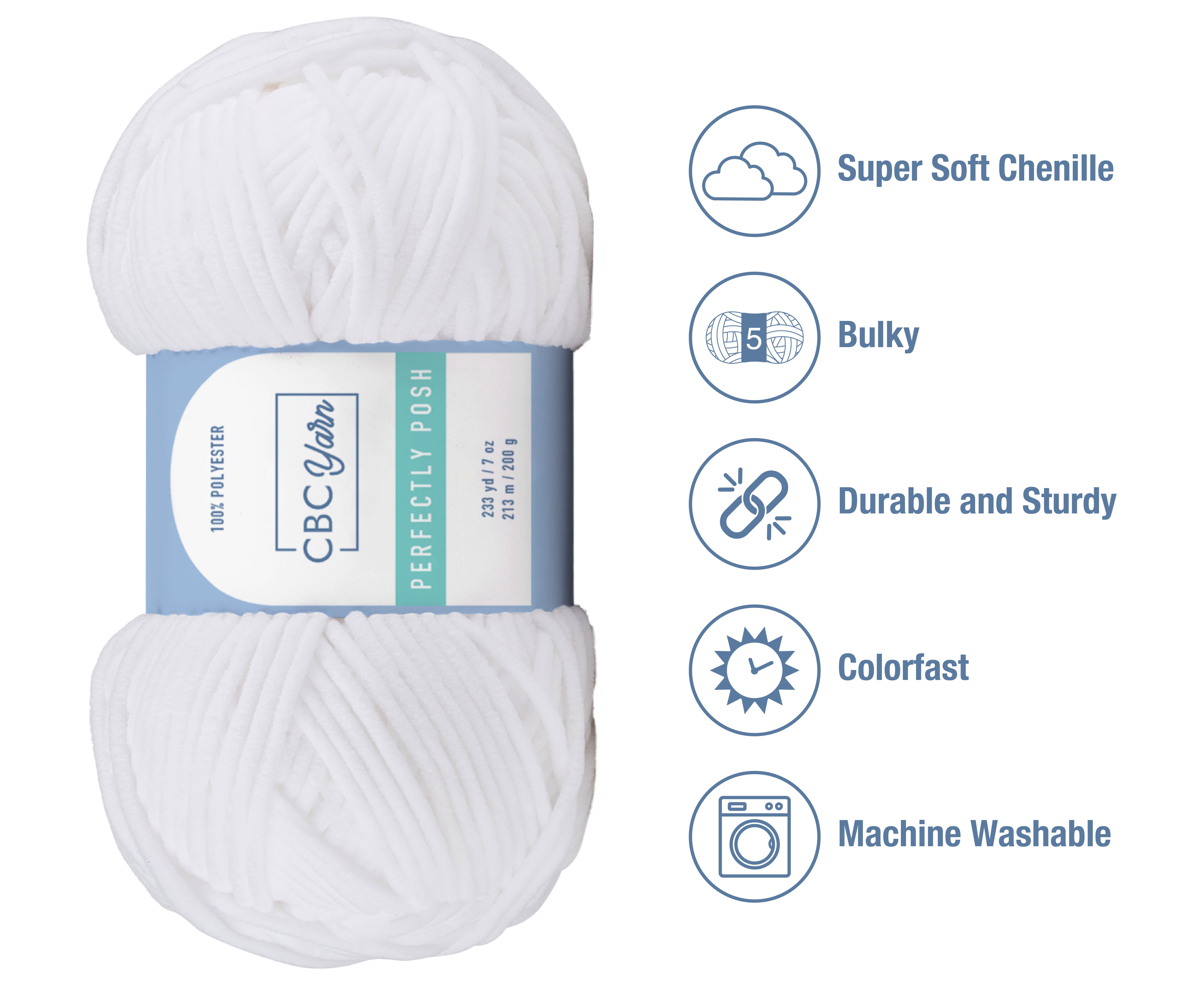 CBC Perfectly Posh Chenille Yarn for Knitting, Crocheting and Amigurumi - 2 Pack (7 oz / 200 g, 233 yards Each Skein), White, Gauge 5 Bulky