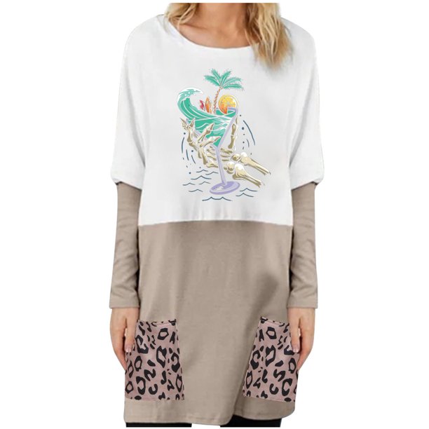Moda mujer casual impreso cuello redondo manga larga otoño blusa pullver tops Pompotops FGAJ8808