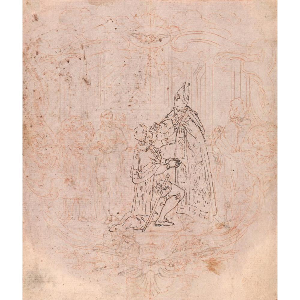 Hubert-François Gravelot 12x14 Black Modern Framed Museum Art Print Titled - Design for a Frontispiece; a Bishop Conferring an Honor, Scene Within a Cartouche